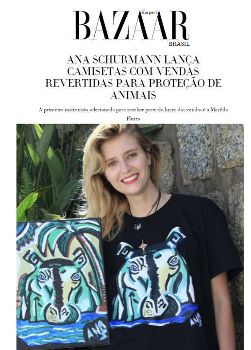 A artistas multimídia Ana Schurmann acaba de lançar uma série de camisetas em prol de uma boa causa: pinturas a óleo sobre tela, em que retrata animais de diversas espécies, foram o ponto de partida para criar as camisetas artísticas.